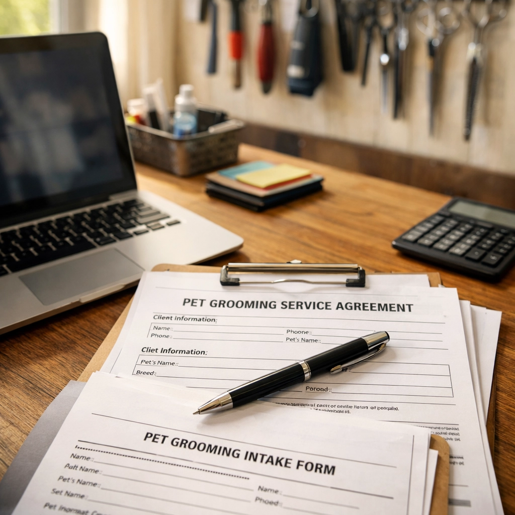 Pet grooming business paperwork and service agreements on organized desk
