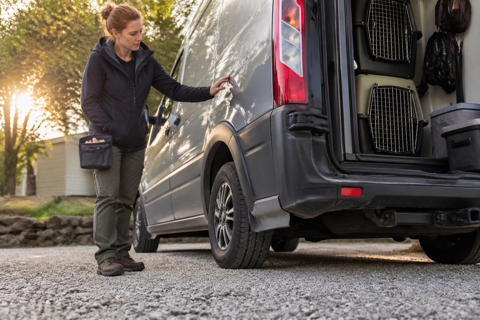 Mobile pet care professional in casual workwear checking a transport van before travel in Northern Kentucky.