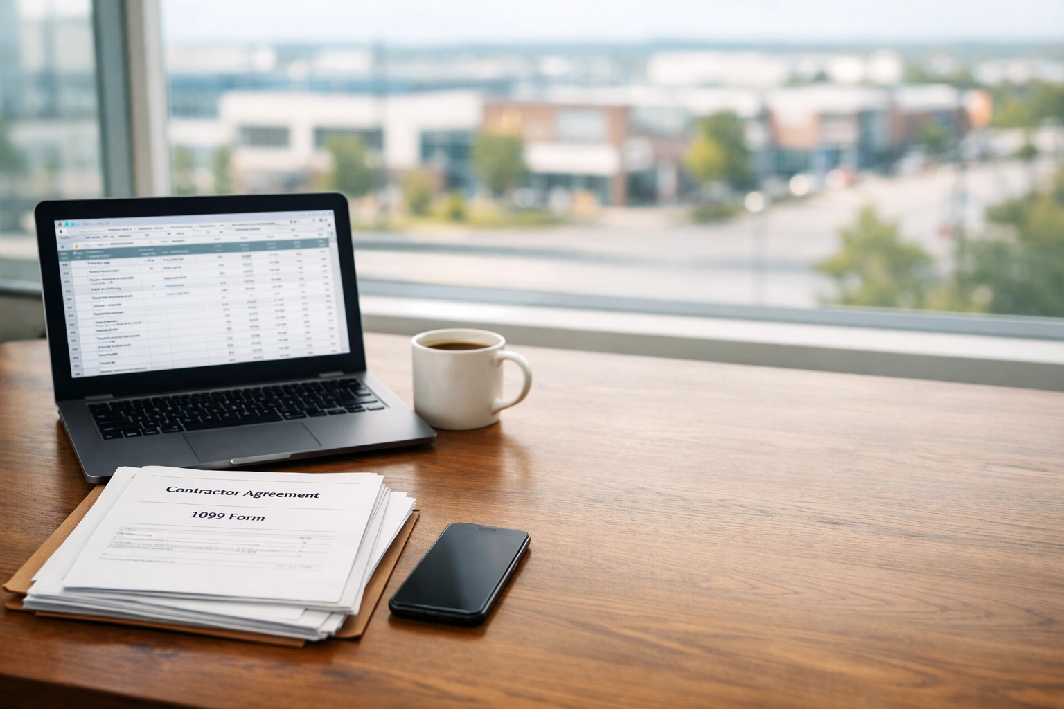 Business desk with workers compensation documents and laptop in Northern Kentucky office
