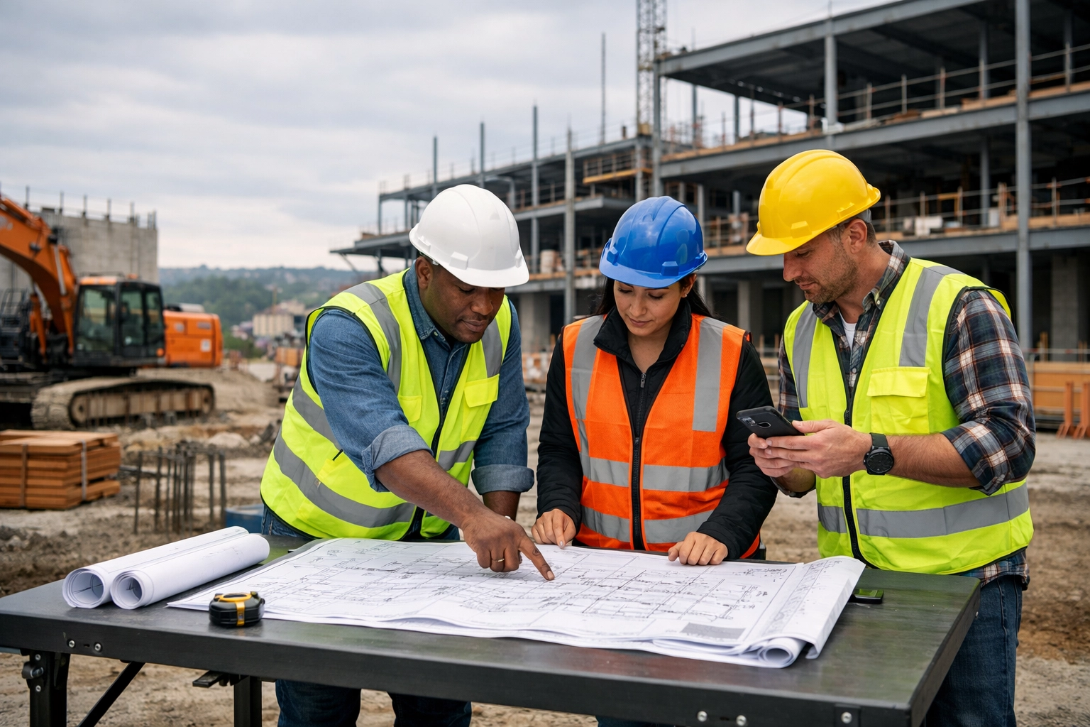 Construction crew reviewing blueprints at Cincinnati Ohio job site with workers comp coverage