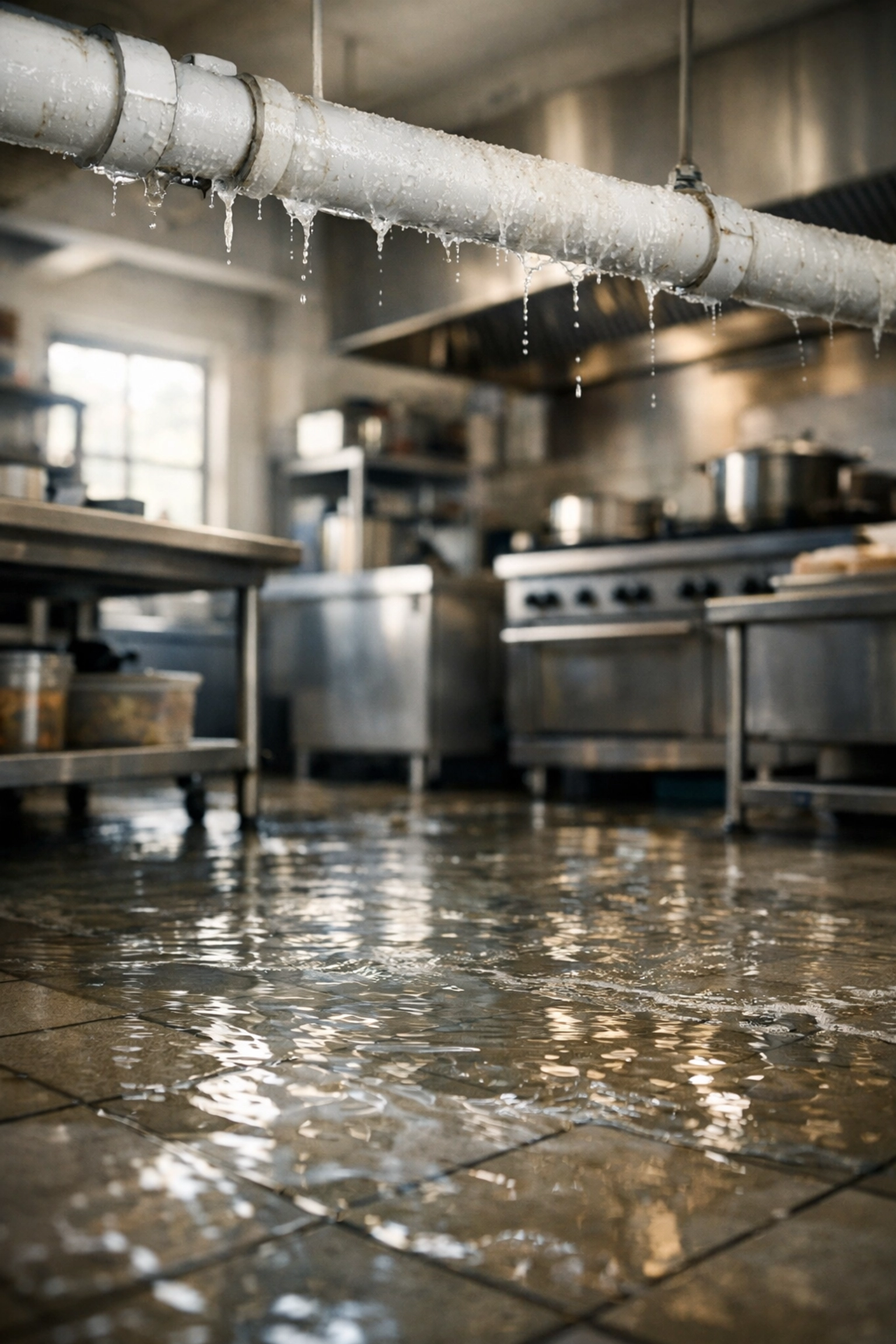Commercial restaurant kitchen flooded with water damage from suppression system in Northern Kentucky
