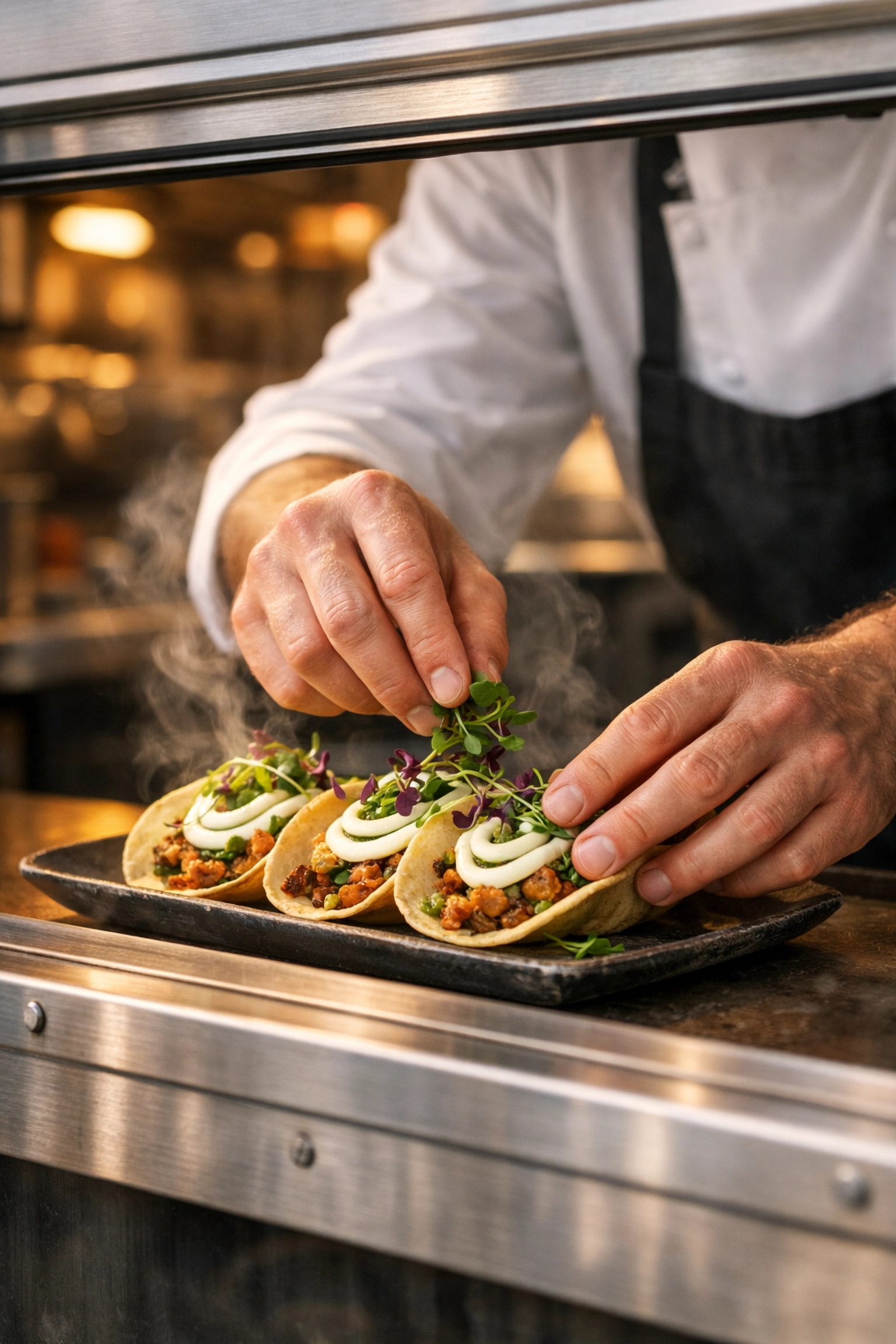 Chef plating gourmet tacos at a Kentucky food truck window, highlighting specialized kitchen equipment.