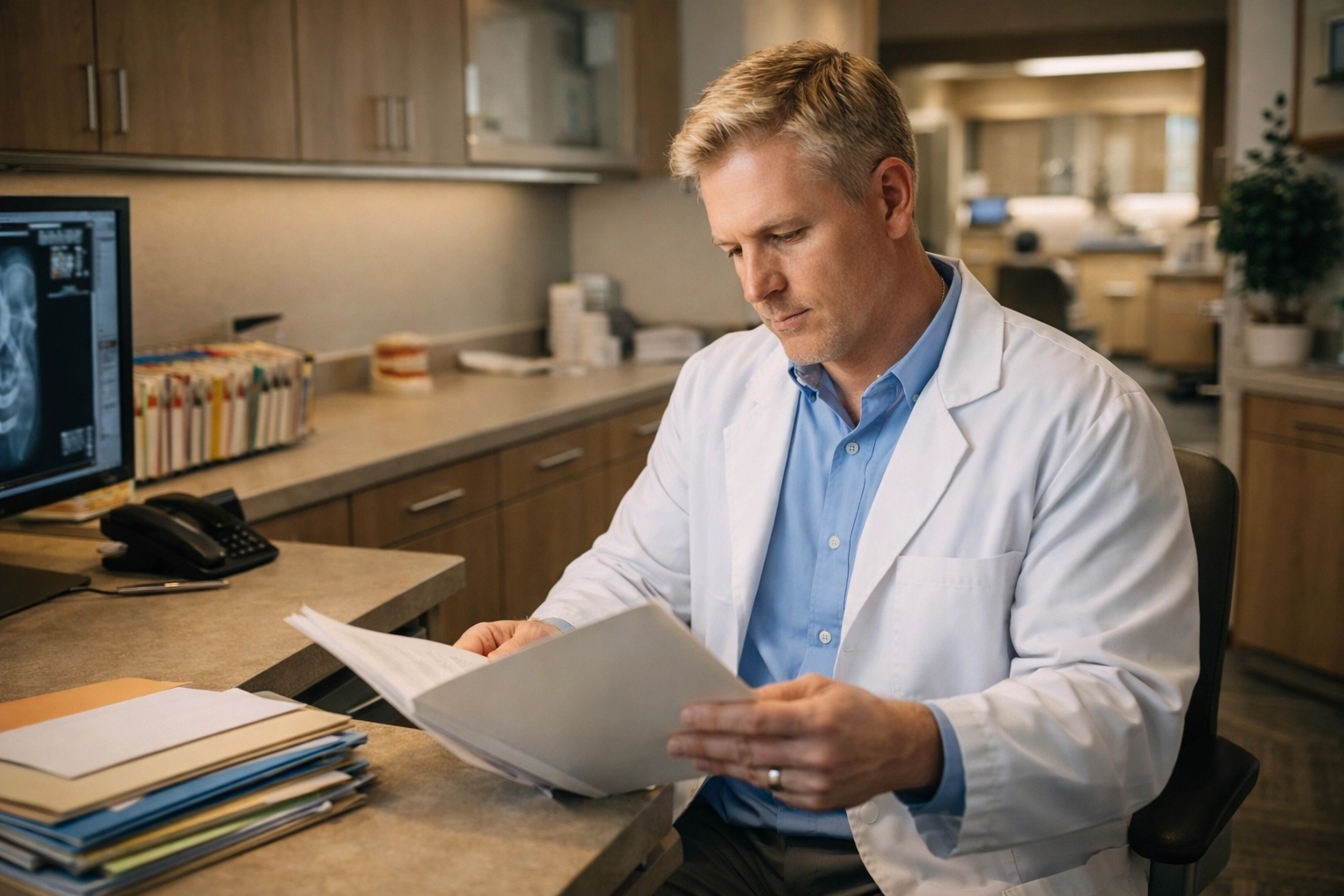 A blonde, clean-shaven dental practice manager reviewing personnel files in a modern dental office admin space.