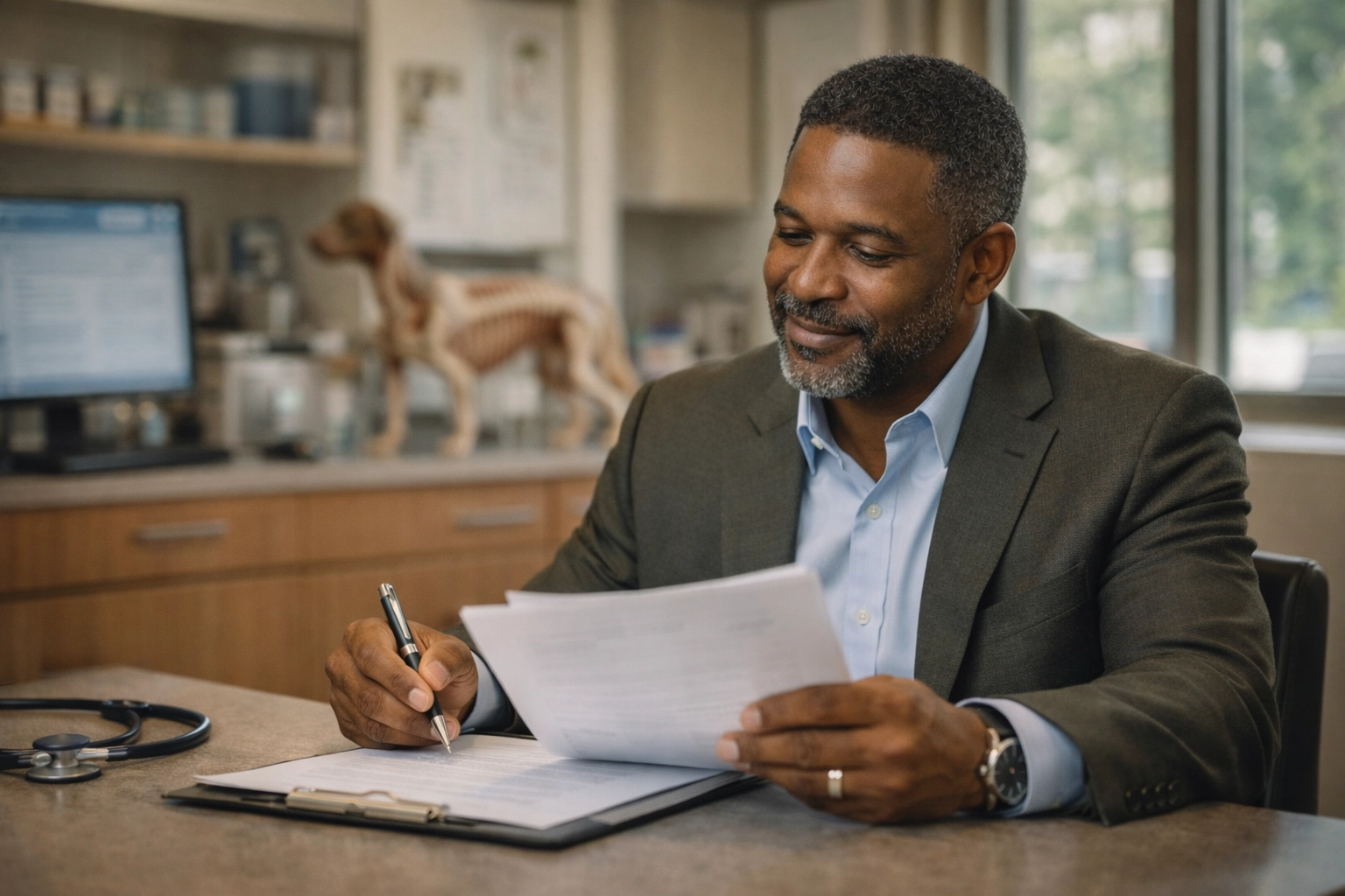 Black male professional insurance advisor reviewing veterinary professional liability documents in a modern office setting.