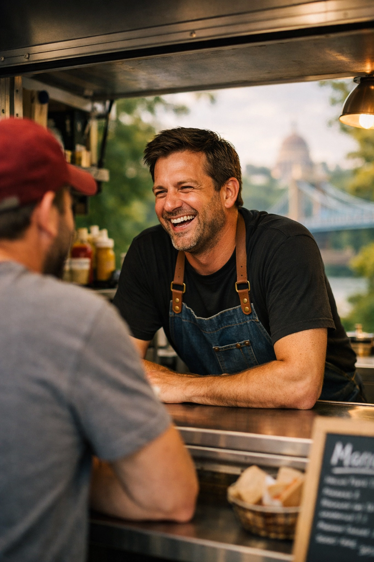A friendly Kentucky food truck owner chatting with a customer at a Greater Cincinnati park.