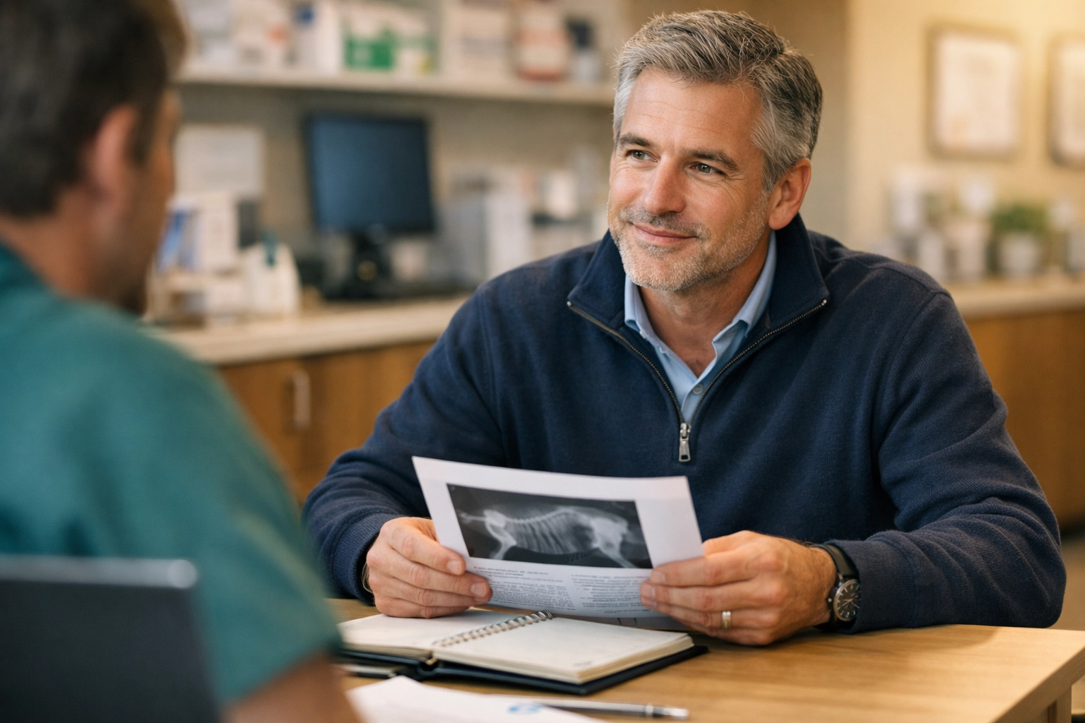 Male professional advisor discussing a specialist insurance review with a veterinary practice owner in a clinic office.
