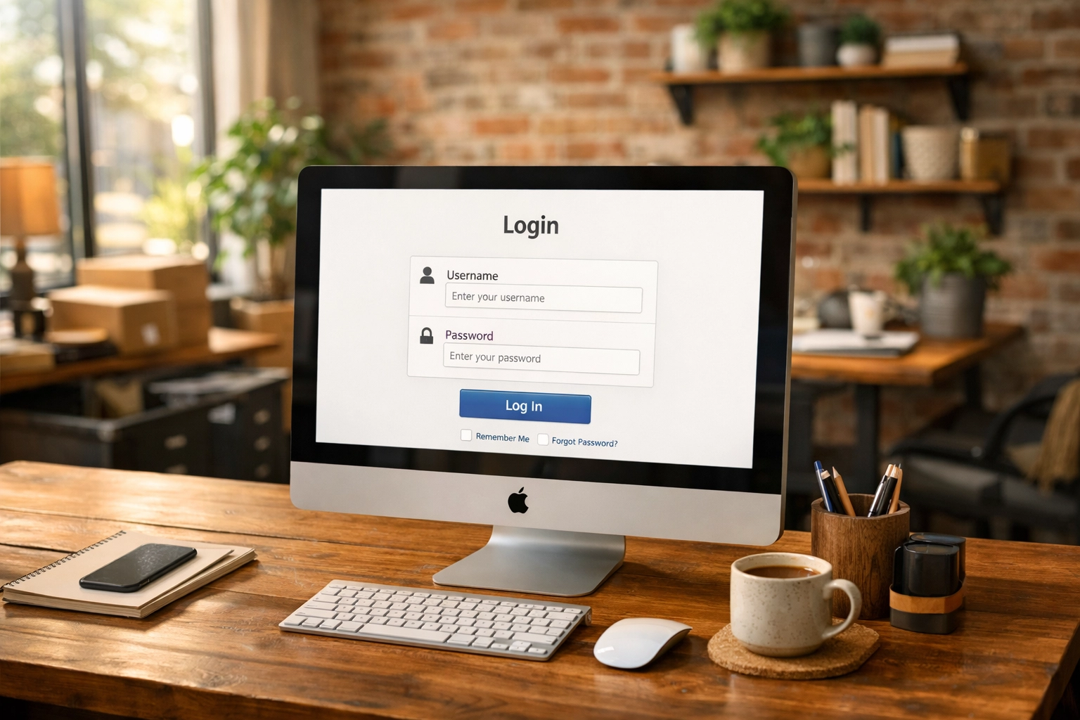 Small business office workspace with computer login screen vulnerable to cyber security threats