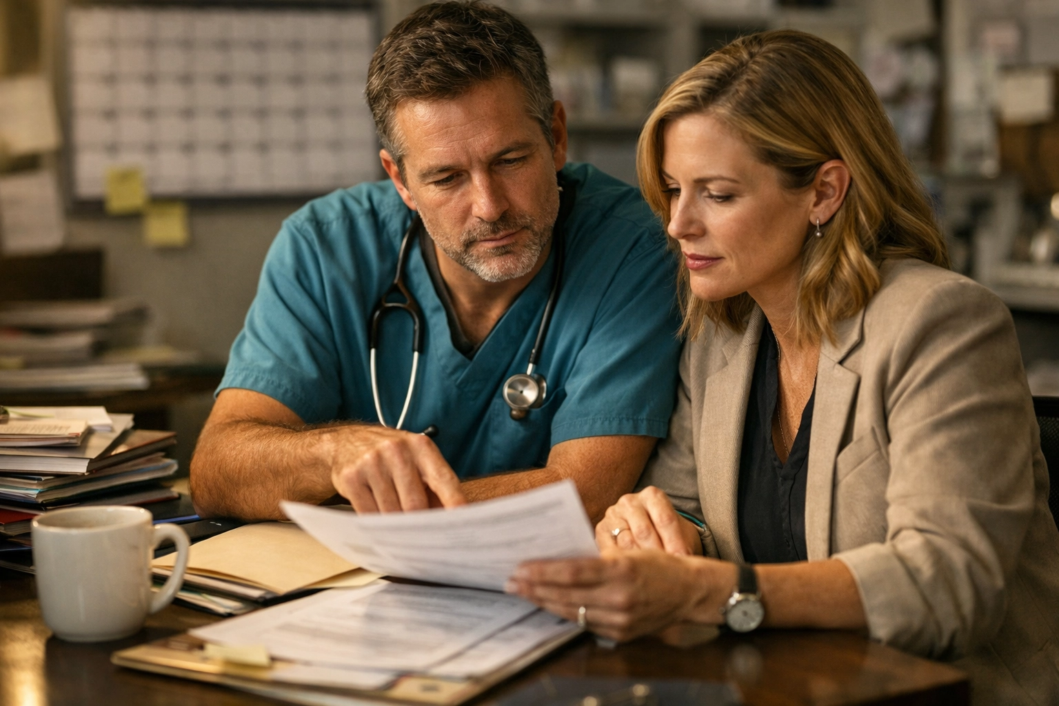 Veterinarian reviewing professional liability insurance policy documents at desk