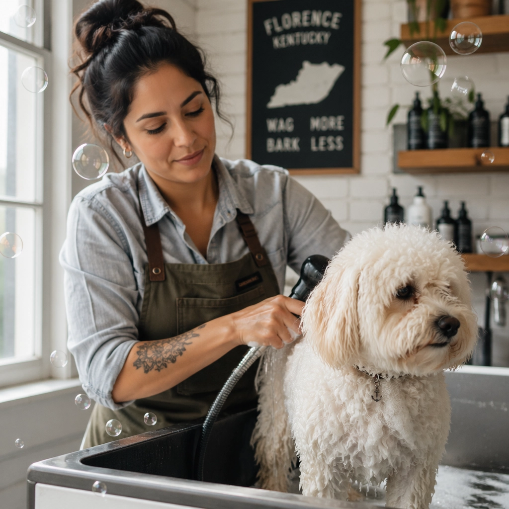 Sofia from La Fur-taleza Grooming in Florence, KY, demonstrating the professional precision needed for high-end pet care.