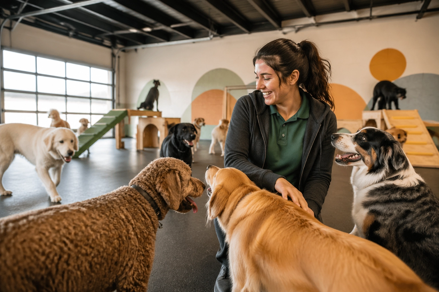 Friendly pet professional in casual attire working in a bright modern Northern Kentucky pet daycare.