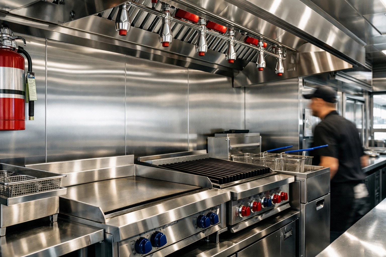 Modern food truck kitchen interior with stainless steel appliances and professional fire suppression.