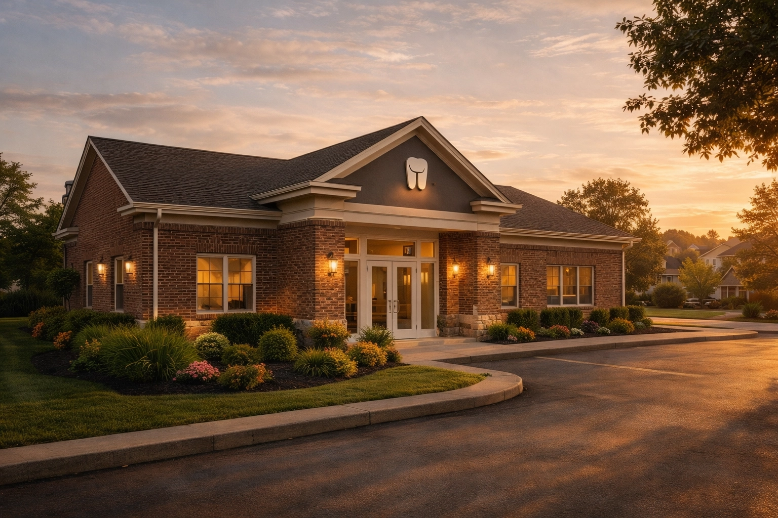 Exterior of a family-owned brick dental office at golden hour in the Midwest.