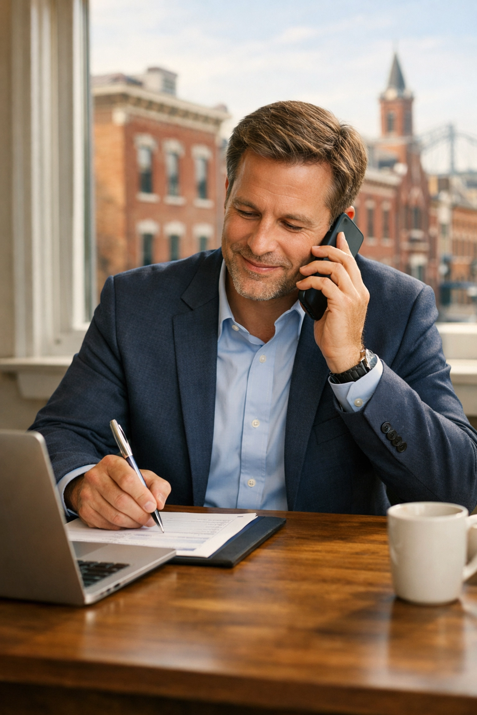 Independent agent in Kentucky helping client with insurance claim over phone in local office