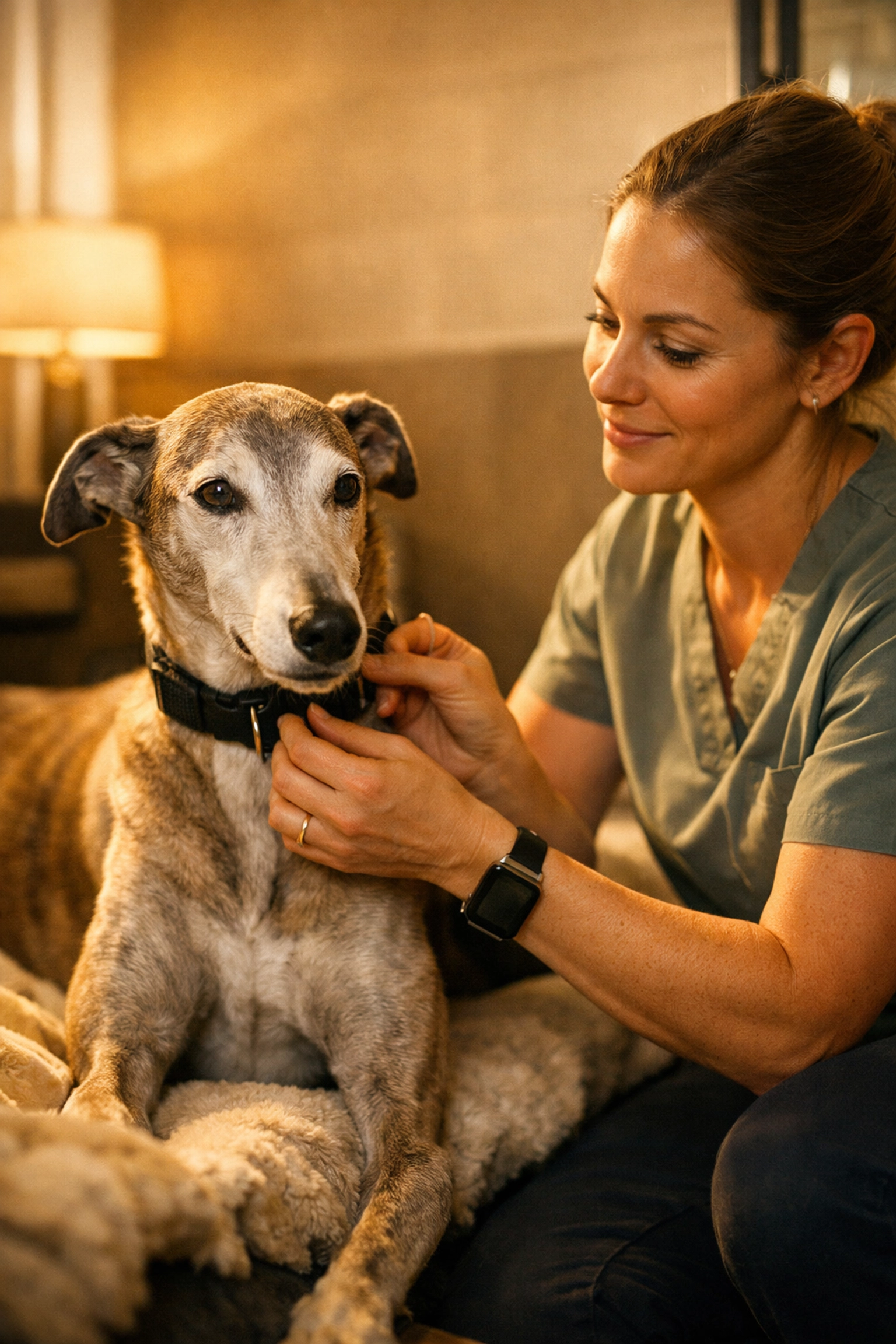 Professional pet caregiver in a luxury boarding facility representing care, custody, and control coverage.