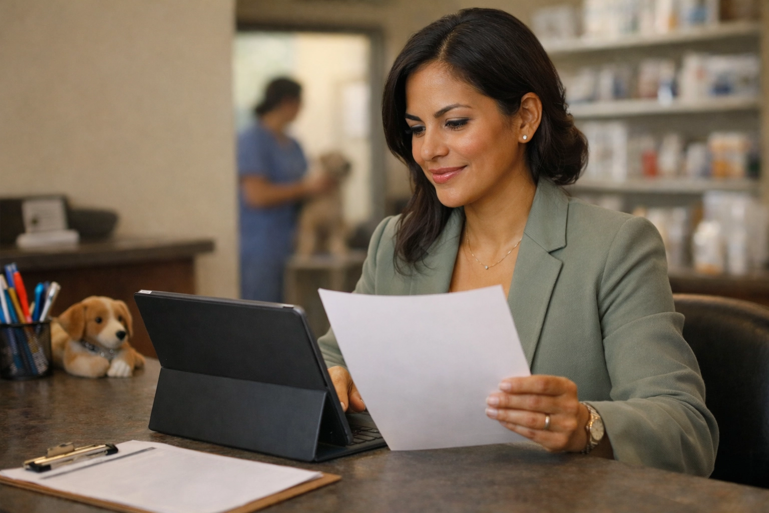 Latina professional insurance advisor reviewing animal bailee coverage details in a bright modern office.