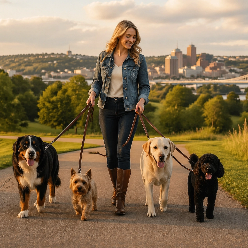 Aurora from Roebling Rovers walking dogs in Covington, representing the friendly, neighborly face of Northern Kentucky pet care.