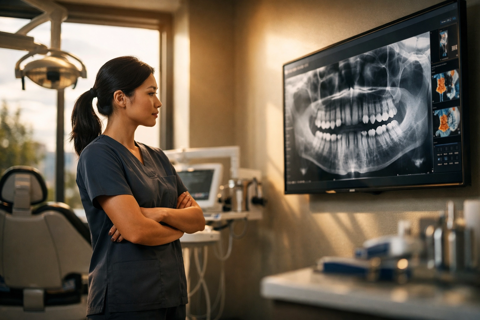 A dentist reviewing digital X-ray scans in a modern Northern Kentucky dental office operatory.