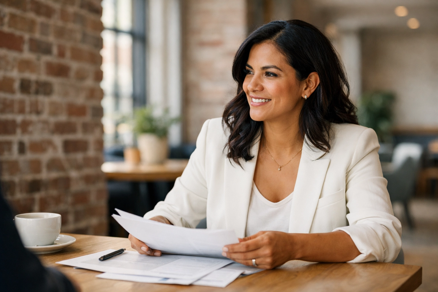 A Latina professional woman in a bright Covington-area restaurant lounge reviewing documents and discussing liquor liability and restaurant risk.