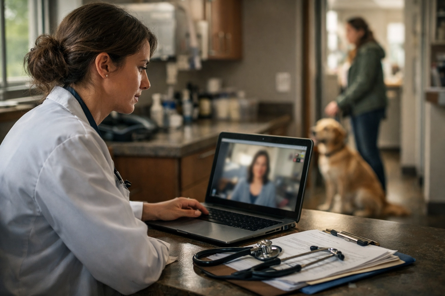 Veterinarian conducting telemedicine consultation with dog in modern Cincinnati exam room