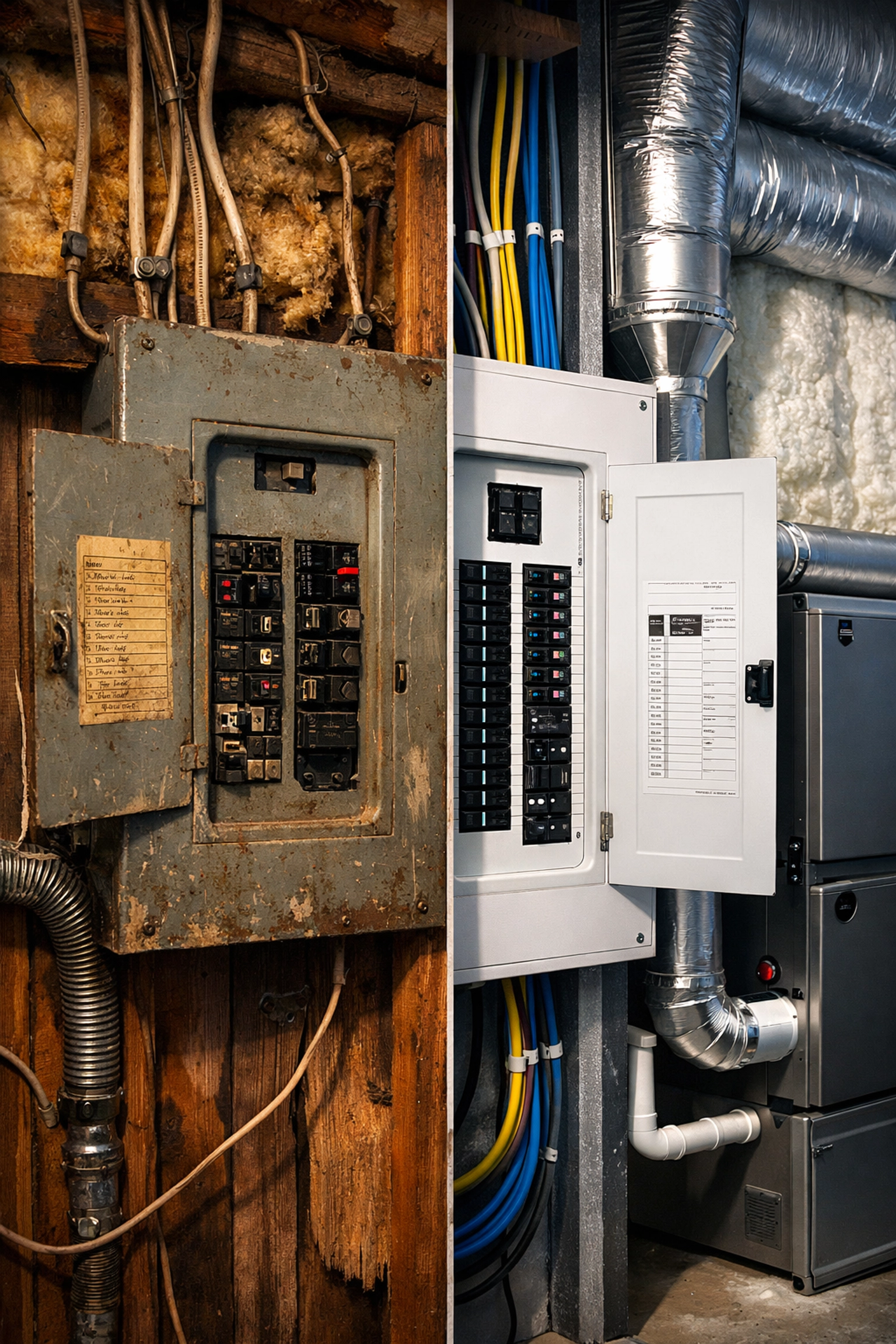 Old versus modern home electrical systems showing updated building code requirements