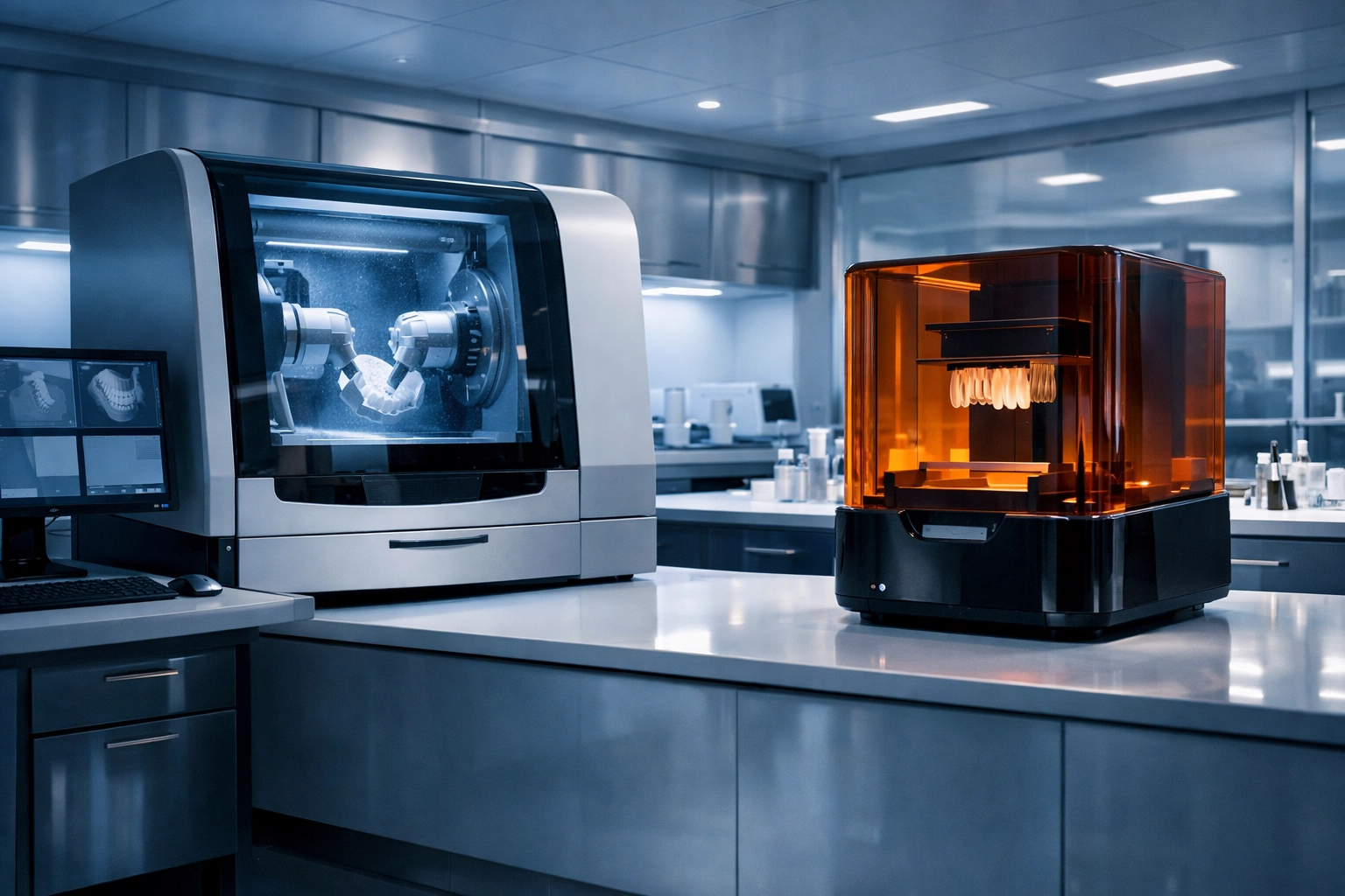 High-tech CAD/CAM milling equipment and 3D dental printers in a modern Northern Kentucky clinic lab.