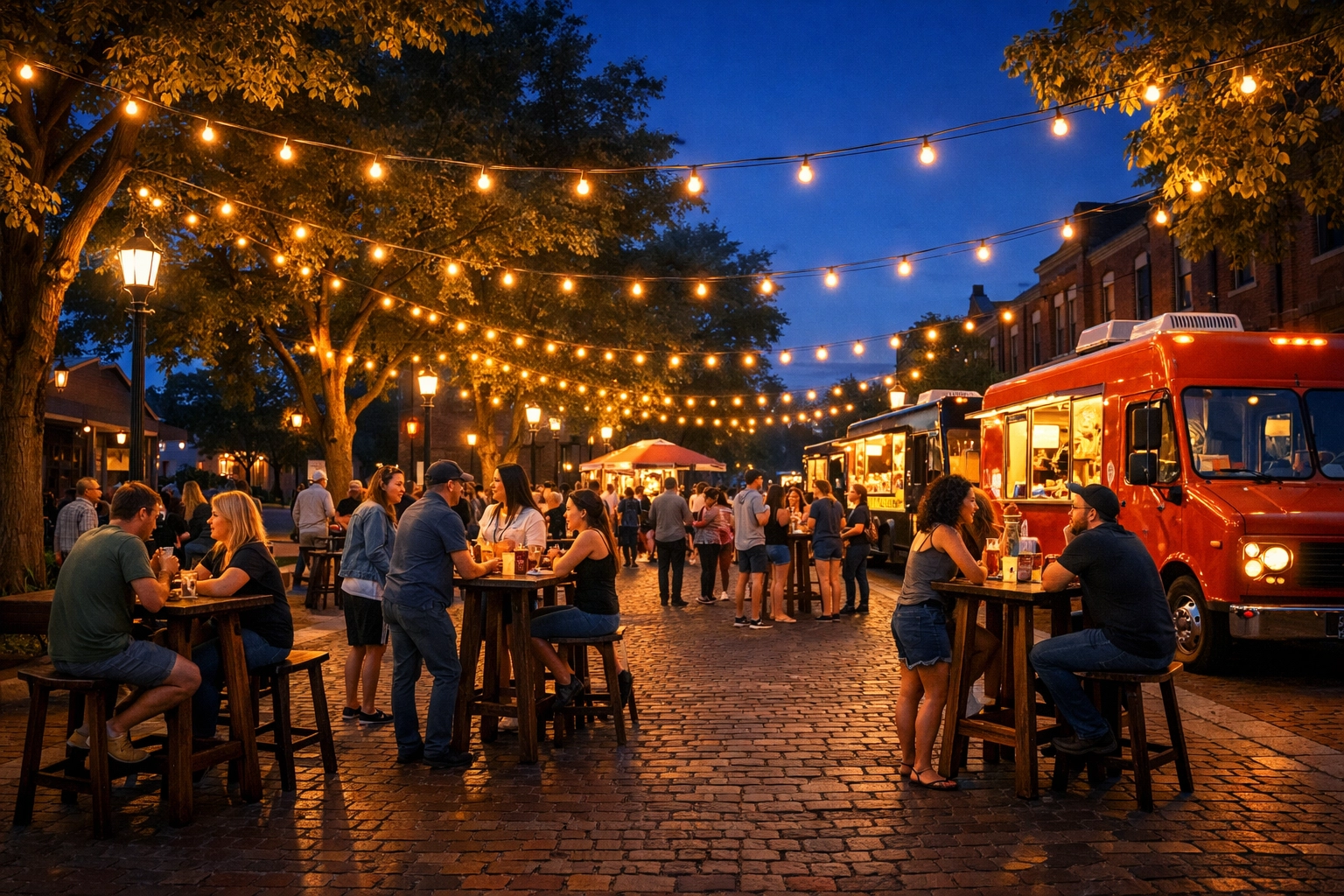 A twilight food truck rally in Northern Kentucky, showing mobile vendors at a local street festival.